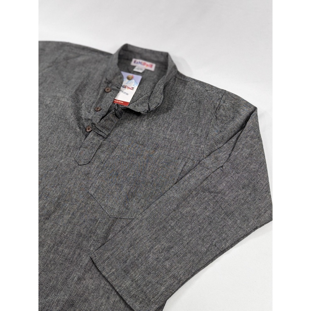VTG Dead stock EzHiPpiE Hemp Band Collar Shirt Heathered Gray‎ Made In Napal Med
